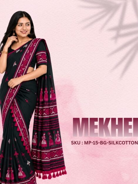 Black and Magenta Silk Cotton Mekhela