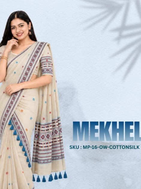 Off White and Blue Cotton Silk Mekhela