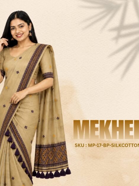Beige and Purple Silk Cotton Mekhela