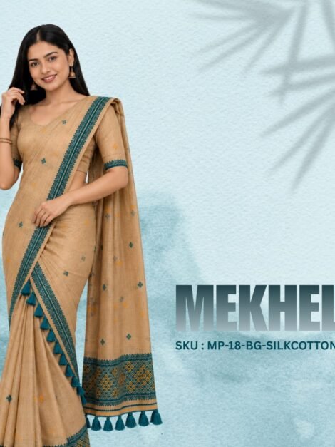 Beige and Teal Silk Cotton Mekhela
