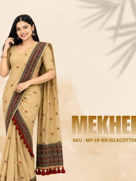 Beige and Red Silk Cotton Mekhela