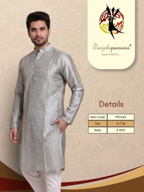 Silver Grey Striped Silk-Finish Men's Panjabi