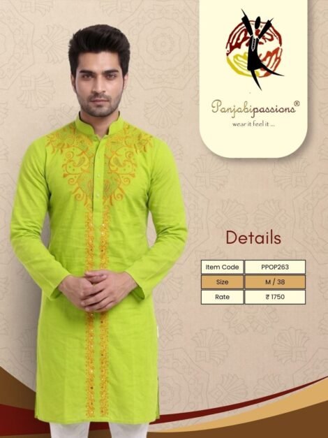 Parrot Green Embroidered Men's Panjabi