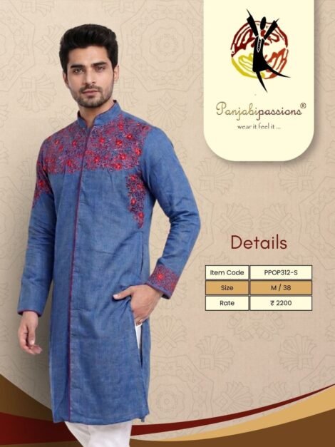 Denim Blue Floral Embroidered Men’s Panjabi