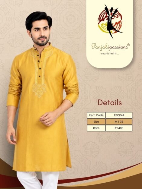 Mustard Yellow Tonal Embroidered Men’s Panjabi