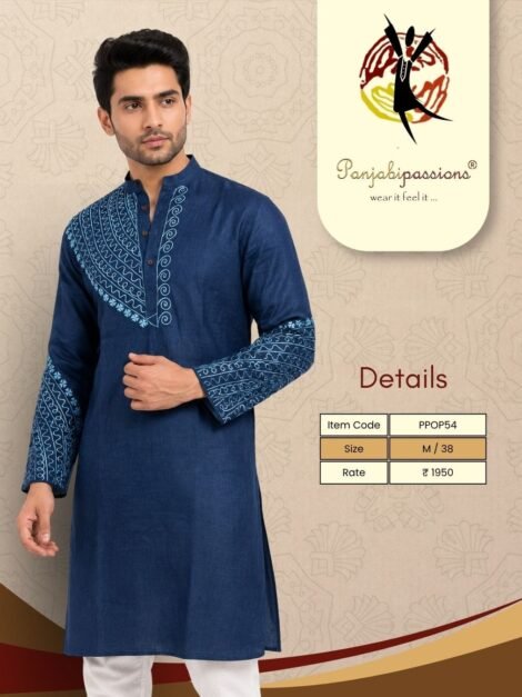 Navy Blue Aari Embroidered Men's Panjabi