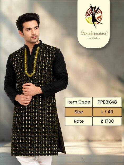 Black Panjabi with Gold Embroidered Panel (L)