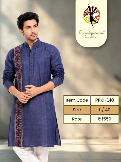 Indigo Blue Panjabi with Embroidered Band (L)