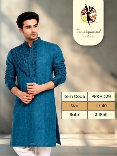 Teal Blue Panjabi with Embroidered Yoke (L)
