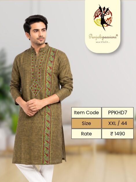 Olive Green Panjabi with Embroidered Band (XXL)
