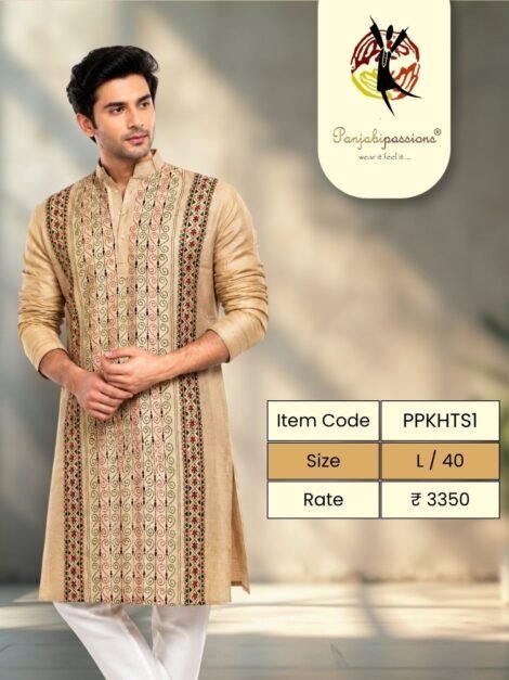 Beige Tussar-Look Silk Panjabi with Embroidered Panel (L)
