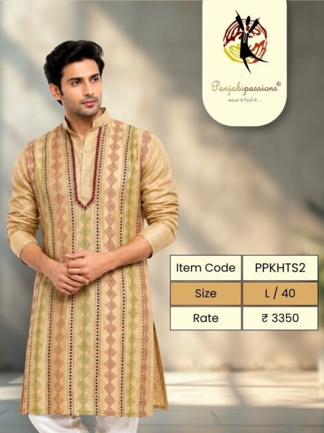 Beige Silk Panjabi with Printed Bands (L)