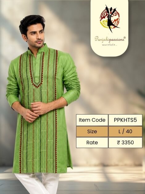 Green Silk Panjabi with Embroidered Bands (L)