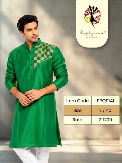 Green Panjabi with Embroidered Shoulder Panel (L)