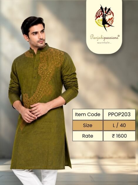 Olive Green Panjabi with Tonal Embroidery (L)