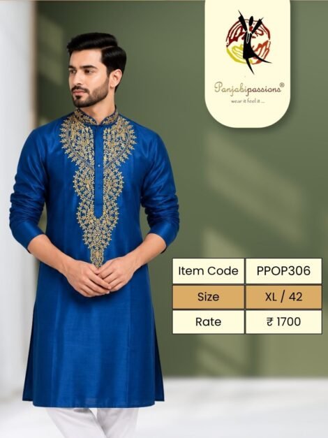 Royal Blue Panjabi with Embroidered Placket (XL)
