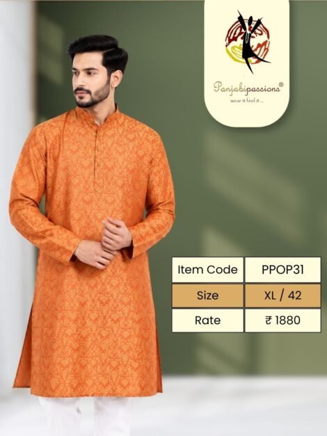 Orange Panjabi with Allover Print (XL)