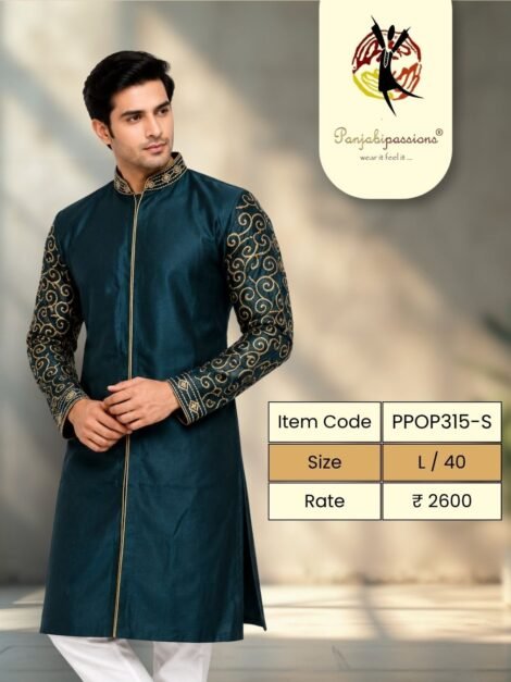 Teal Silk Panjabi with Gold Embroidered Sleeves (L)