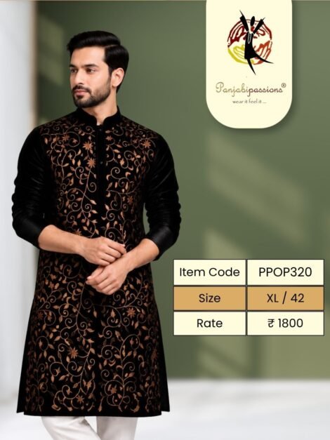 Black Panjabi with Copper Embroidery (XL)