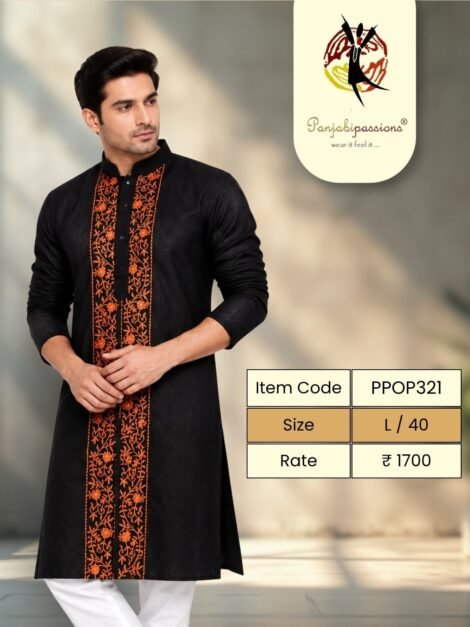 Black Panjabi with Contrast Embroidered Band (L)