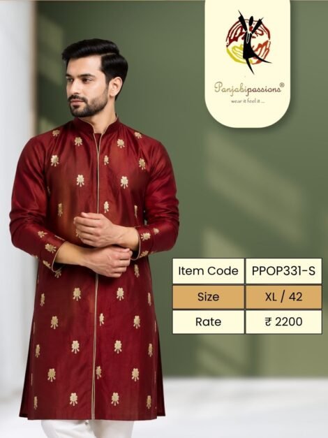 Maroon Silk Panjabi with Gold Buti Motifs (XL)