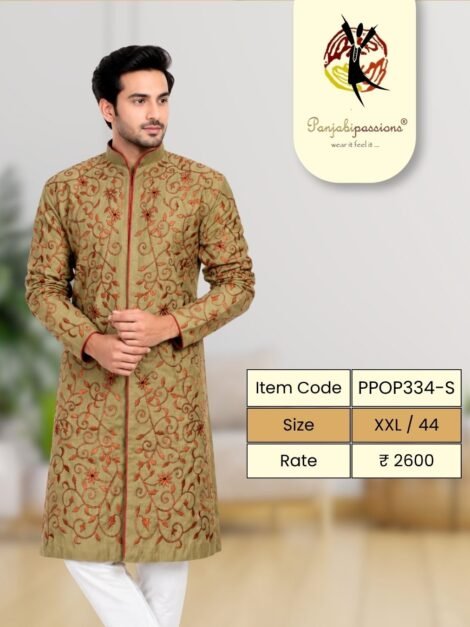 Khaki Panjabi with Allover Gold Embroidery (XXL)