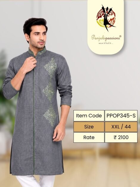 Grey Panjabi with Floral Embroidery (XXL)