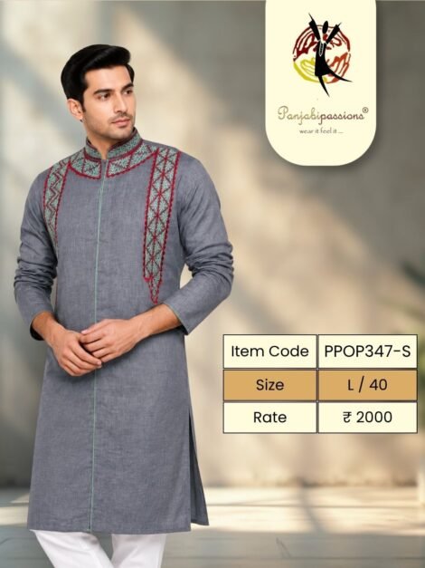 Grey Panjabi with Maroon Embroidered Yoke (L)