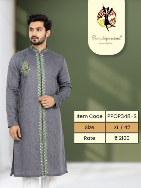 Grey Panjabi with Green Embroidered Placket (XL)