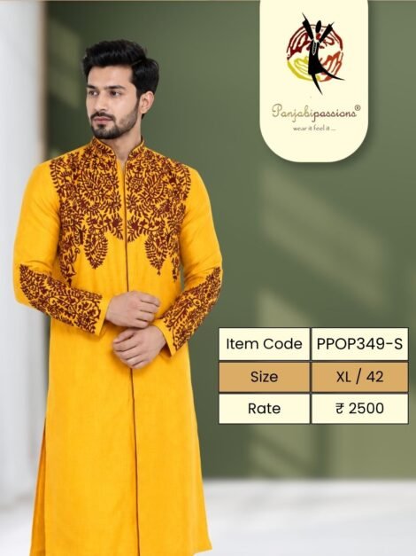 Mustard Panjabi with Contrast Embroidery (XL)