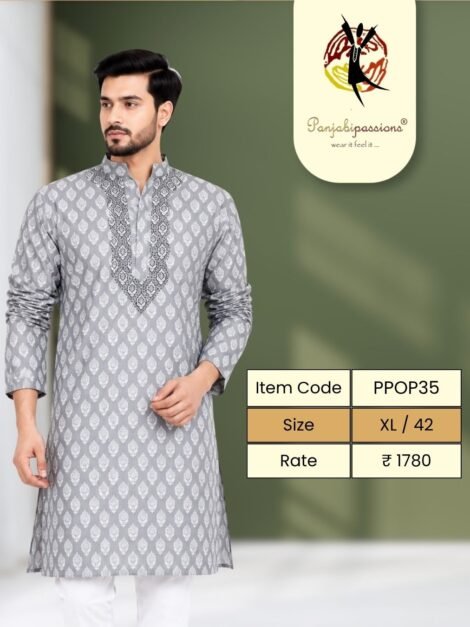Grey Printed Panjabi with Embroidered Placket (XL)
