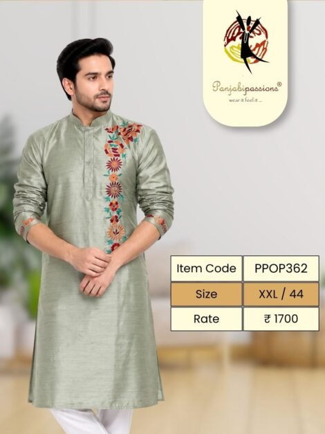 Sage Green Panjabi with Floral Embroidery (XXL)