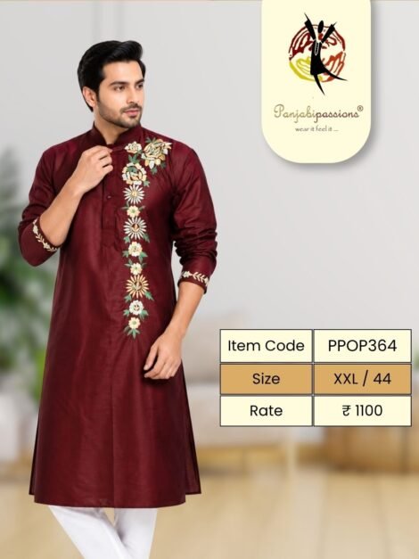 Maroon Panjabi with Floral Embroidered Placket (XXL)
