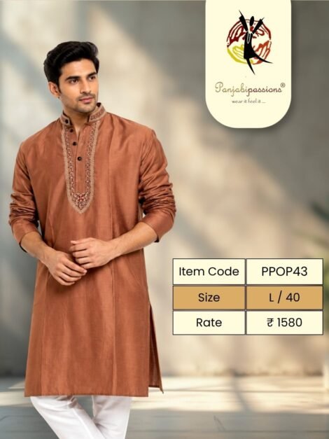Rust Brown Panjabi with Embroidered Placket (L)