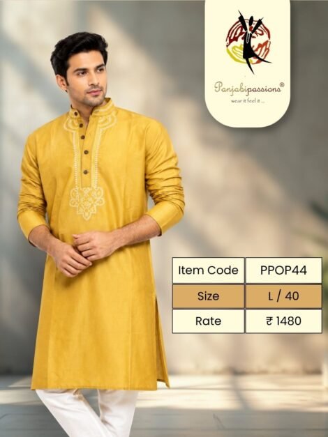 Mustard Yellow Tonal Embroidered Men's Panjabi - size L