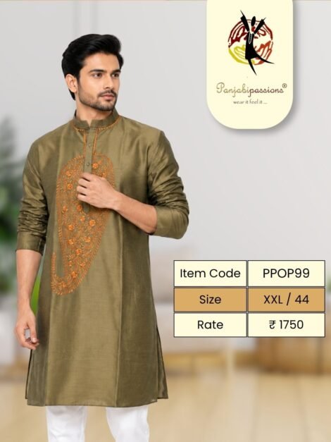 Olive Green Panjabi with Embroidered Motif (XXL)