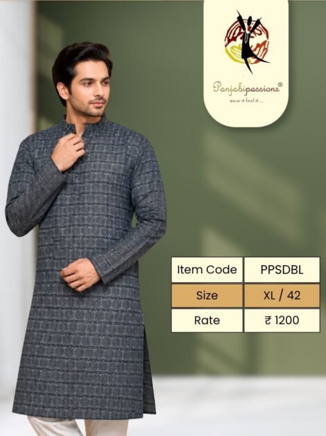 Charcoal Grey Panjabi with Allover Check Texture - size XL